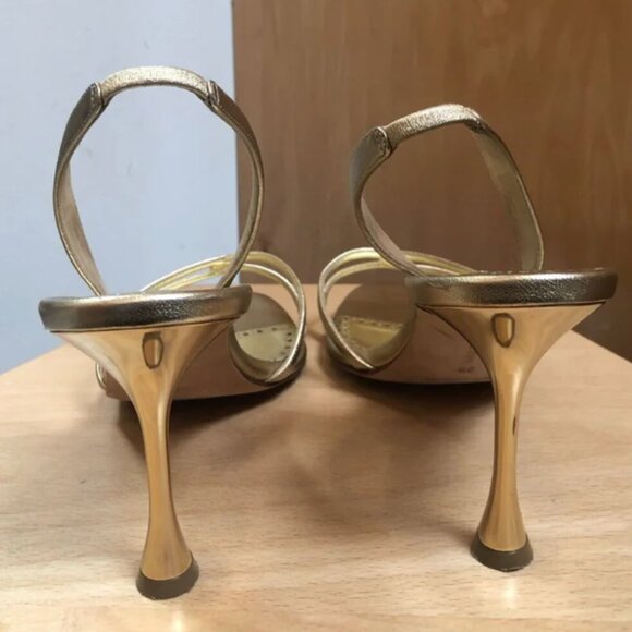 MANOLO BLAHNIK RACITA GOLD METALLIC LEATHER STRAPPY SANDAL HEEL 39/9/8.5 - Picture 3 of 9